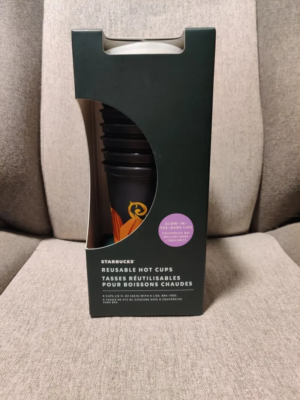 Starbucks ~ Reusable Hot Cups - 6 Pack ~ PUMPKINS w/Glow in Dark Lids ~ 16 oz.